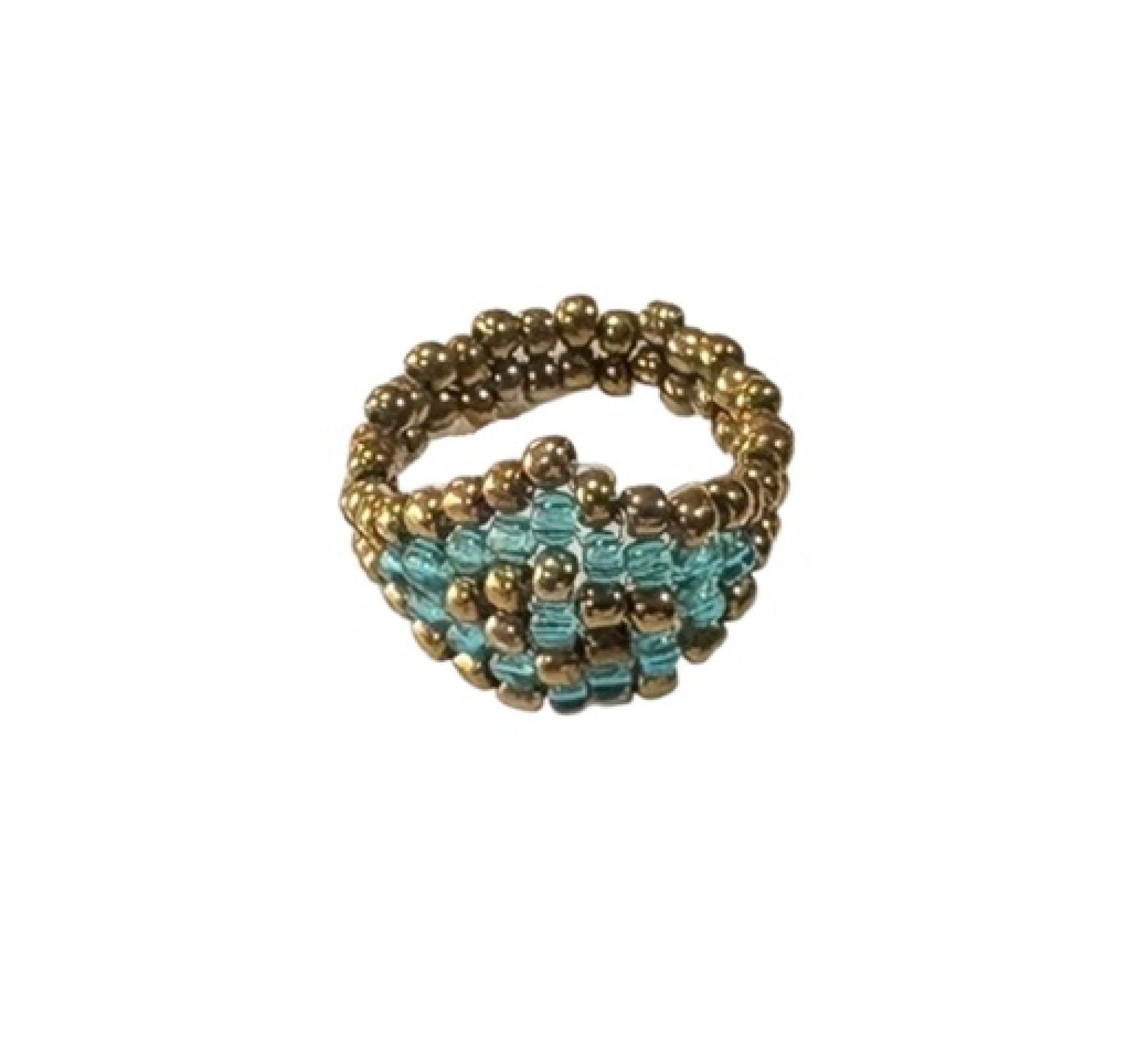 Golden Lagoon Aqua & Gold Beaded Weave Ring