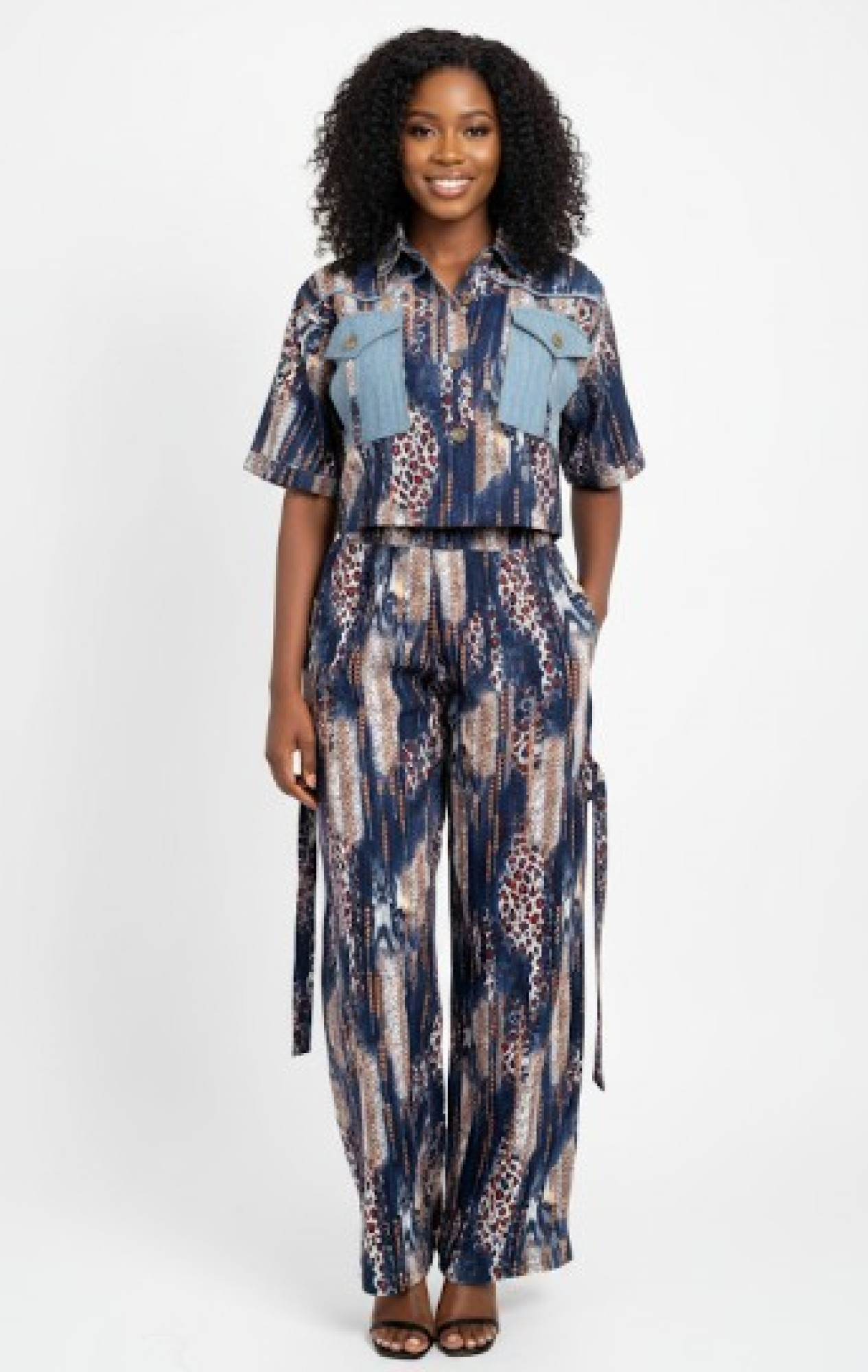  Safari Chic Denim Patch Two-Piece Set