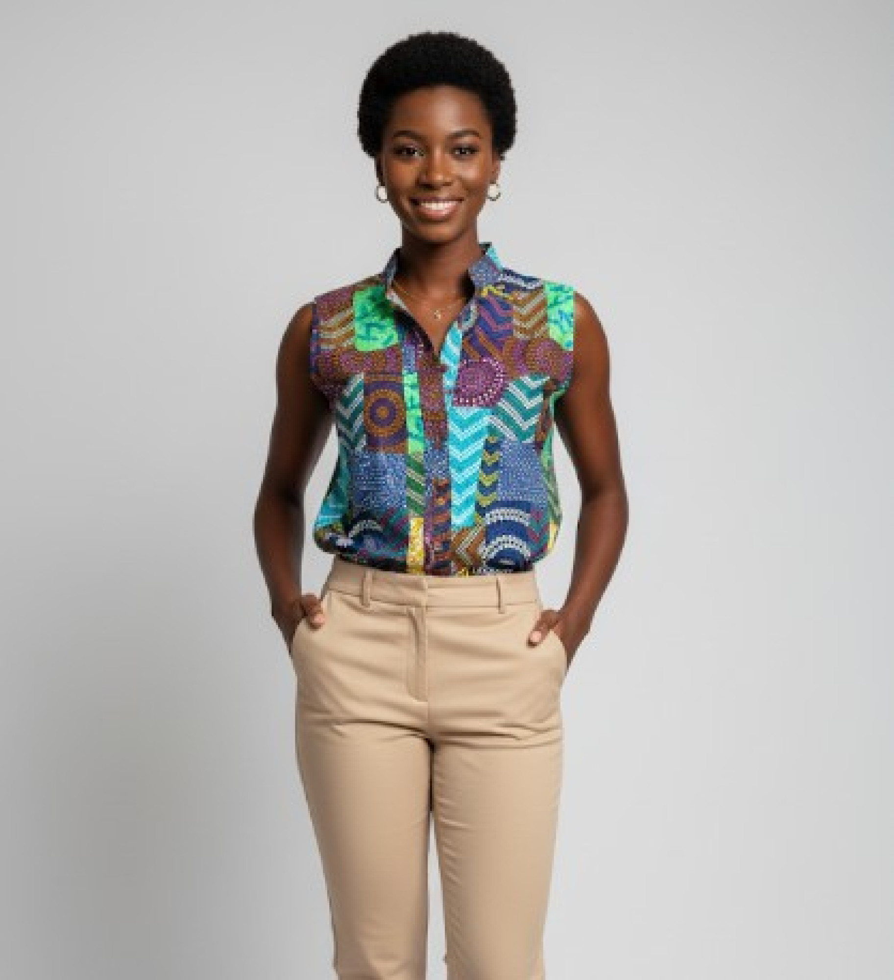  Geometric Print Mandarin Collar Top
