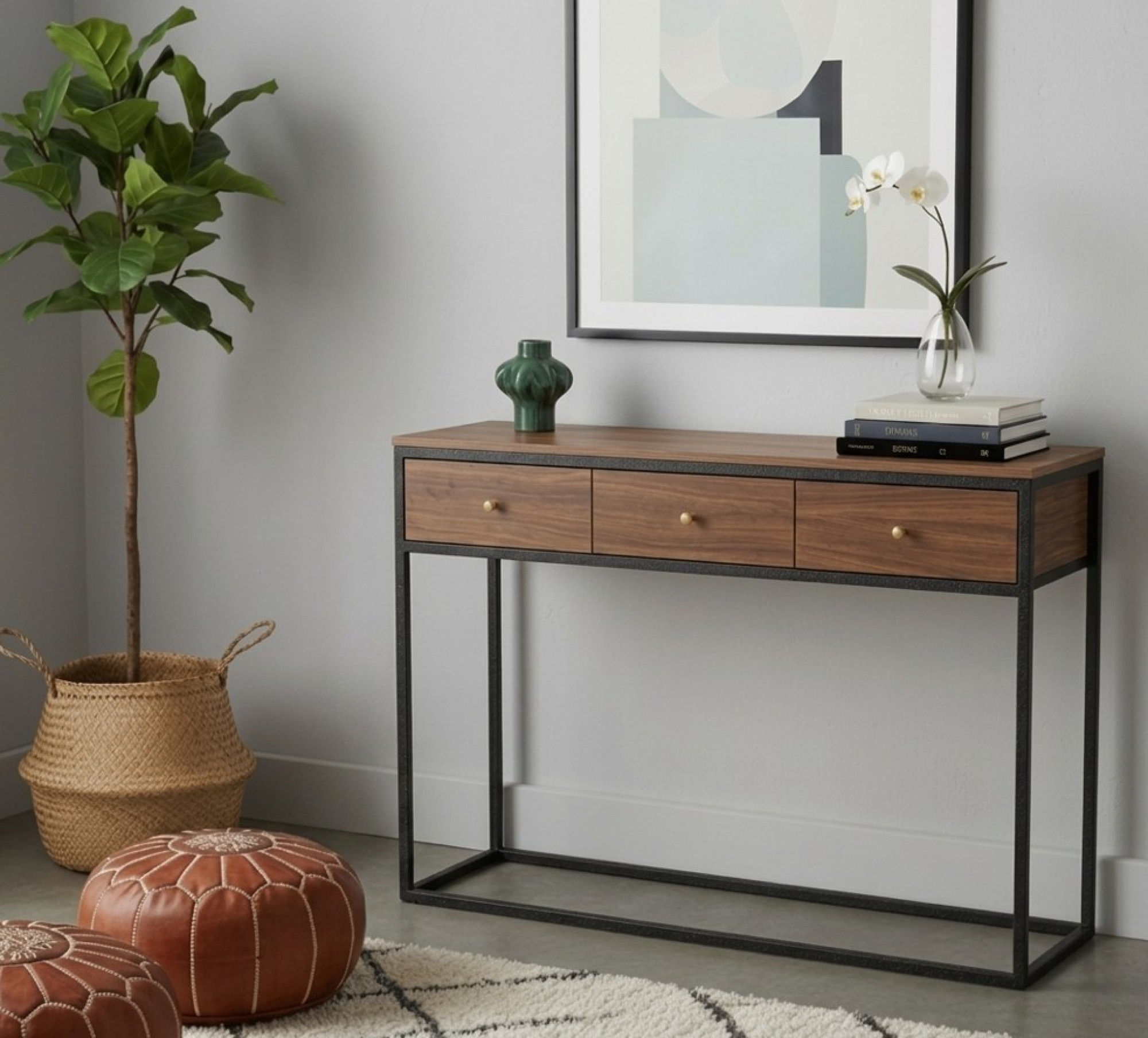 Calais Walnut & Metal 3-Drawer Console Table